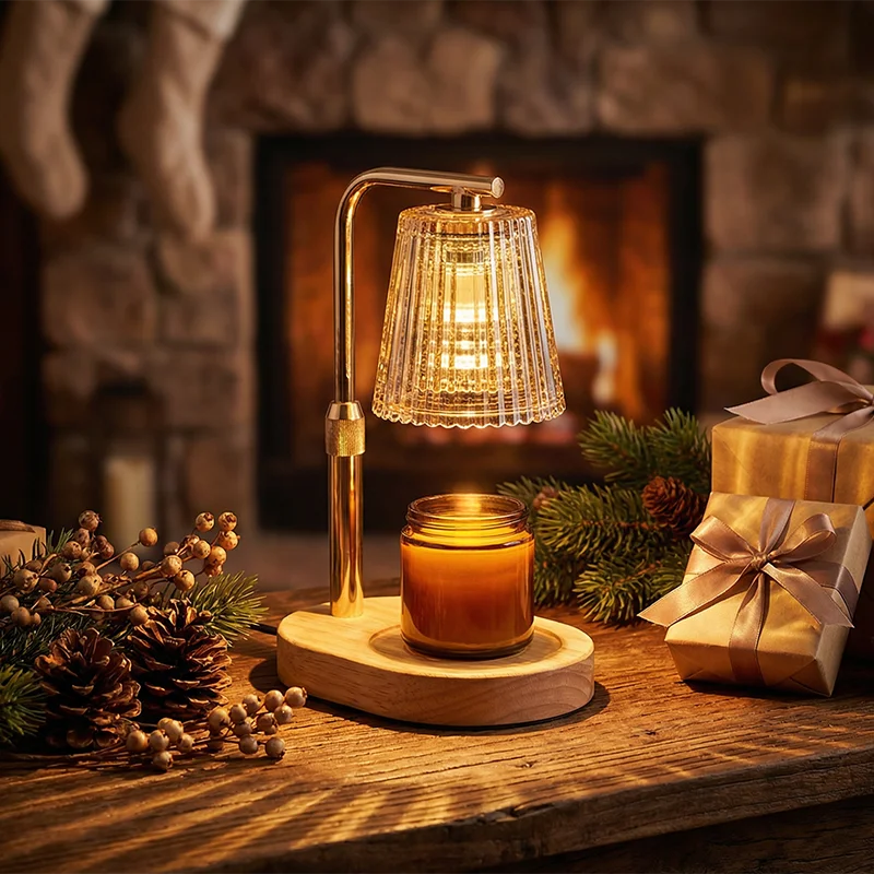 Lit CalmPace candle warmer lamp glowing over a scented candle on a wooden table decorated with pine branches, pinecones, berries, and gift boxes in front of a fireplace