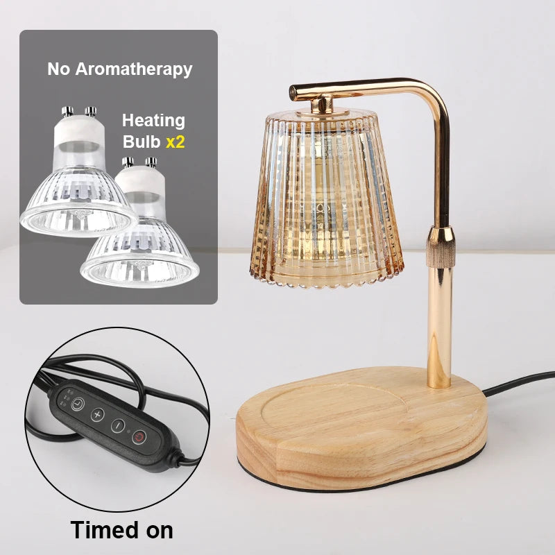 Candle warmer lamp with gold arm, ribbed glass shade, and wooden base on white background; inset graphics show two heating bulbs and the wired timer control labeled 'Timed on'