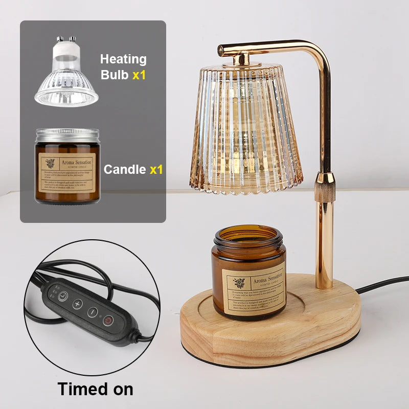 Candle warmer lamp on wooden base with an amber jar candle under the ribbed glass shade; insets show the included heating bulb, a candle, and the wired timer control labeled 'Timed on'